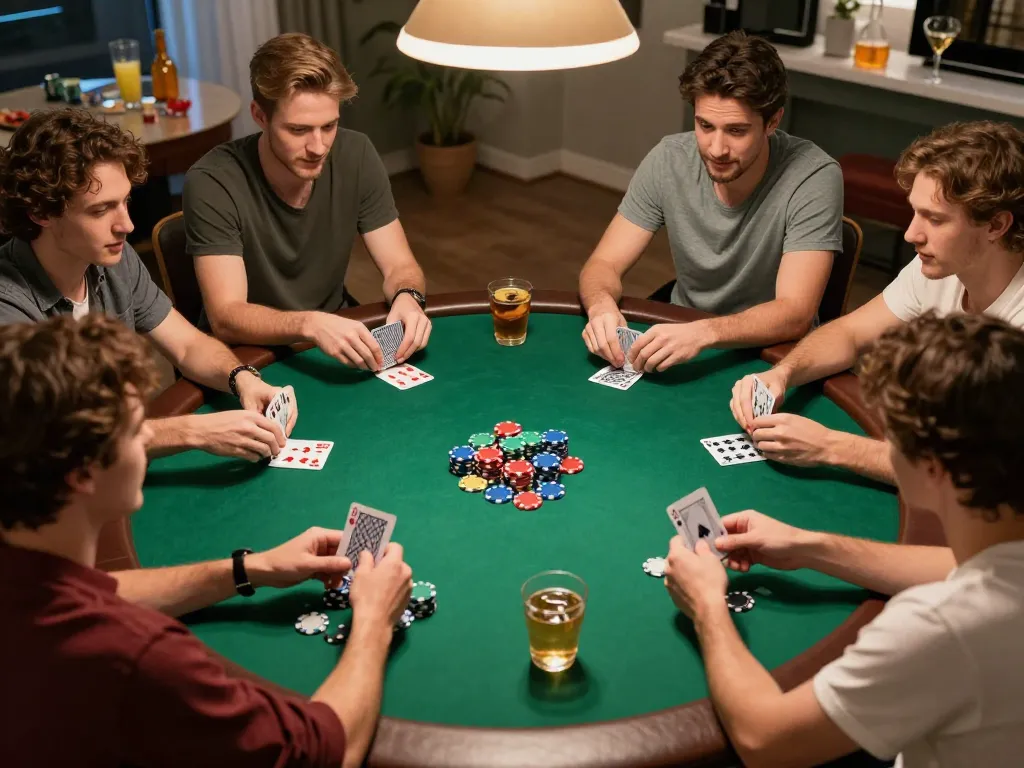 Friends enjoy a lively home poker night, showcasing strategic gameplay around lc88.