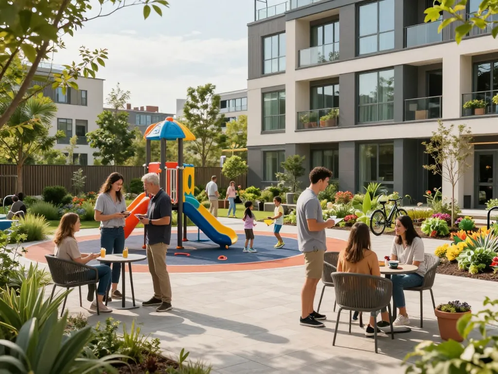 Community interaction at five88 housing development with modern design and green spaces