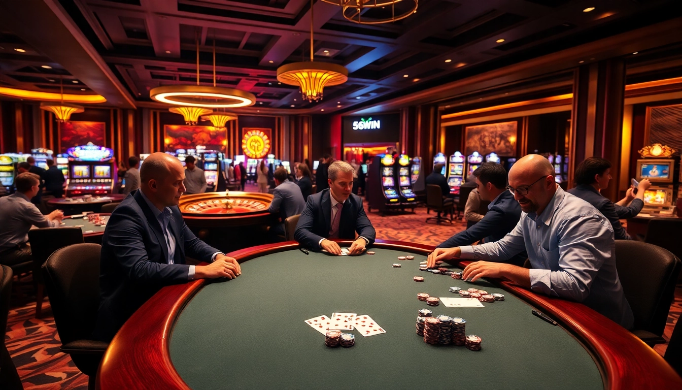 Engaged players at a poker table showcasing 56WIN's thrilling casino experience.