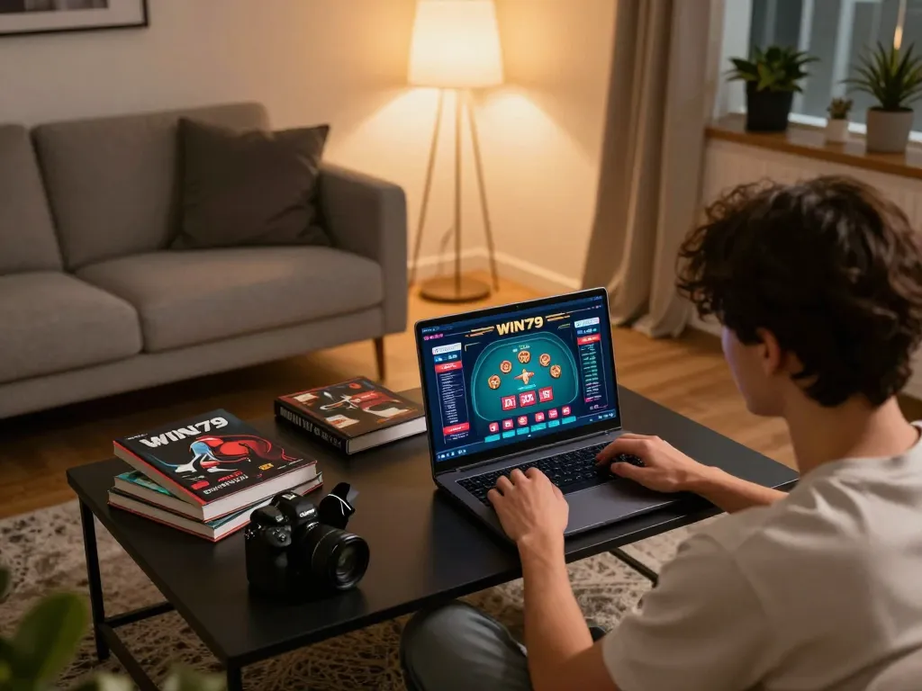 Player enjoying online poker at WIN79 in a cozy home gaming room.