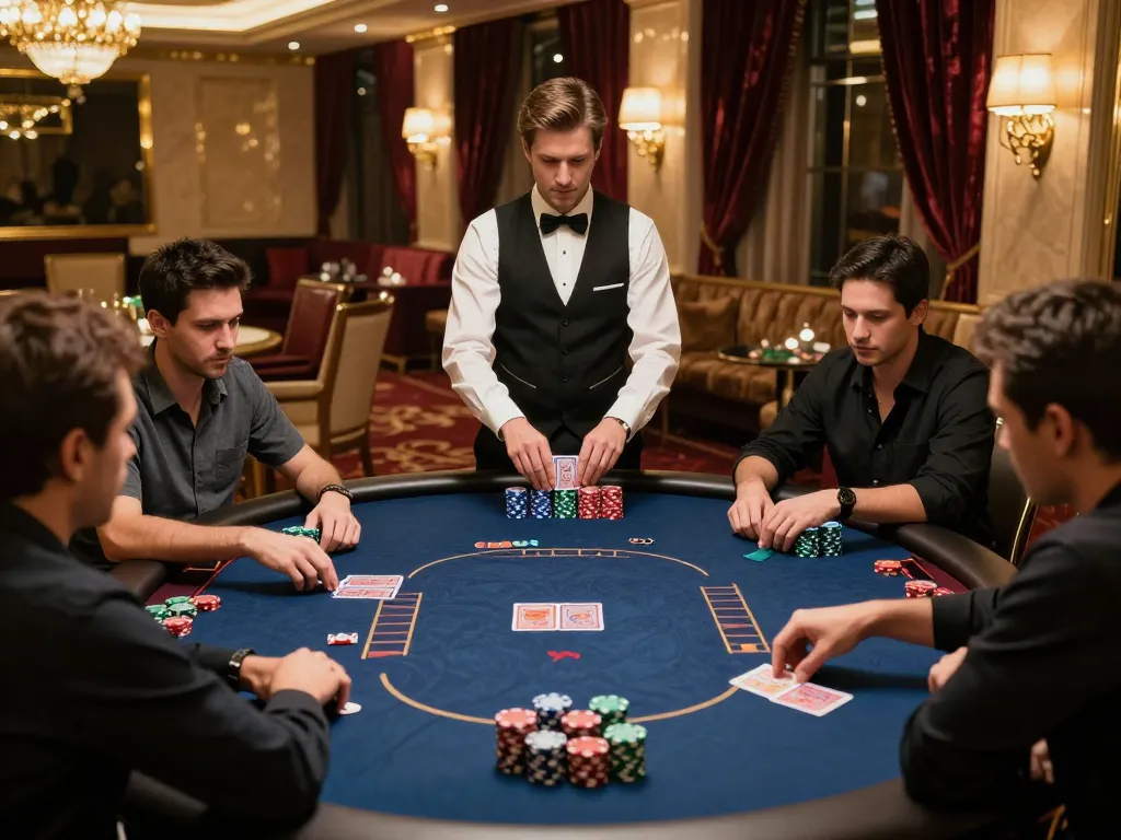 da88 players focused on high-stakes poker game in upscale casino atmosphere with dealer managing bets