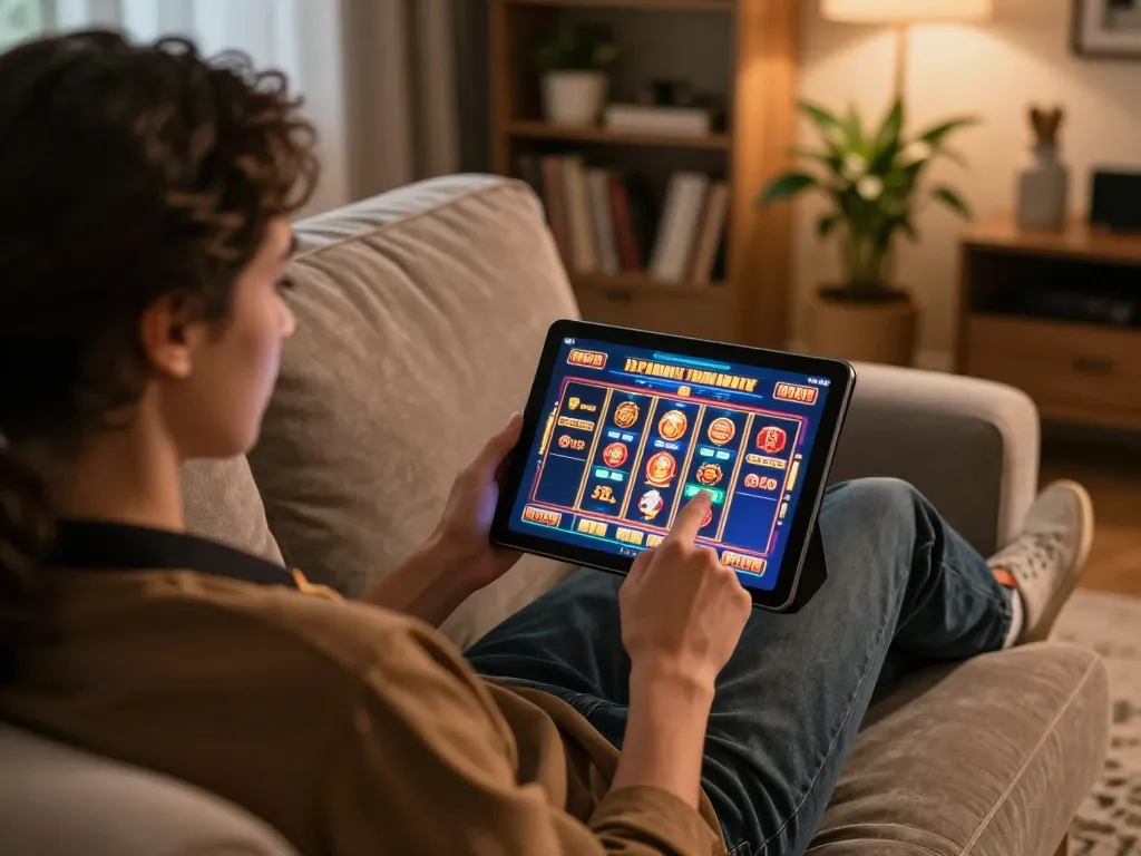 Player using llwin3 online casino app on a tablet with engaging slot game interface in cozy home setting.