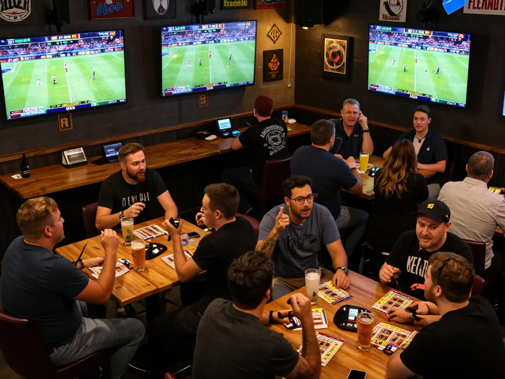 Experience the excitement of sports betting with friends at XO88, capturing dynamic betting moments in a lively bar setting.