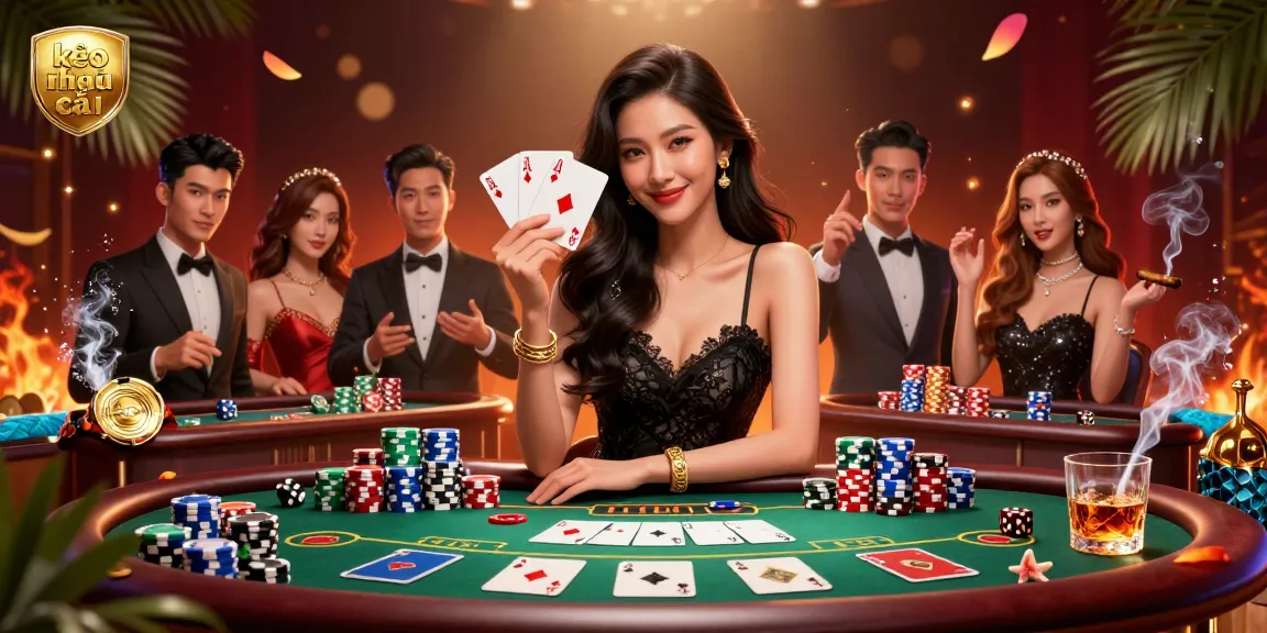 Kèo nhà cái visuals capturing an elegant Asian woman in a luxurious casino setting playing cards and showcasing vibrant gaming elements.