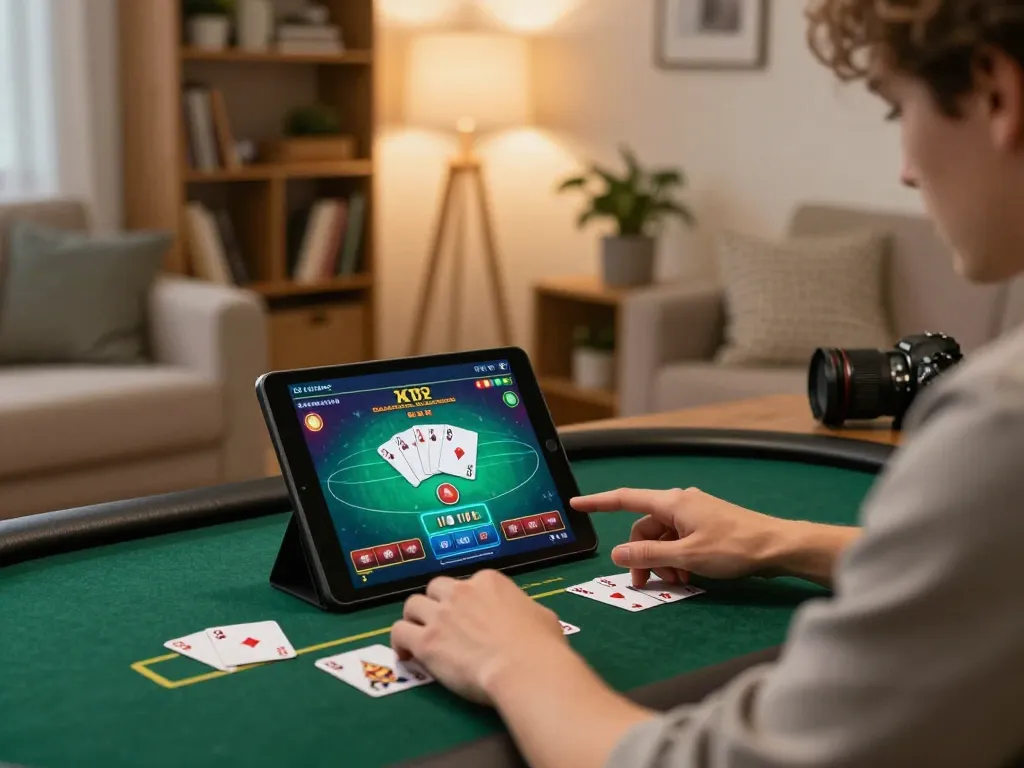 Player enjoying online poker at home through lucks8, showcasing gaming strategy and relaxed atmosphere.