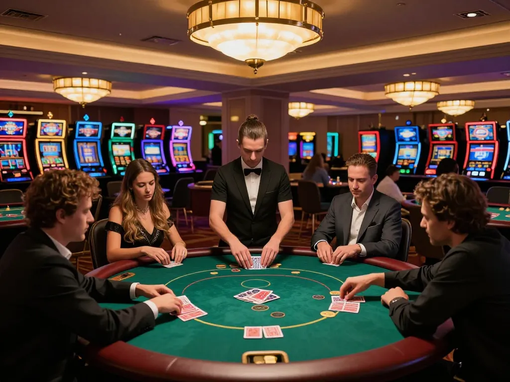 789club players strategizing at poker tables in an upscale casino atmosphere
