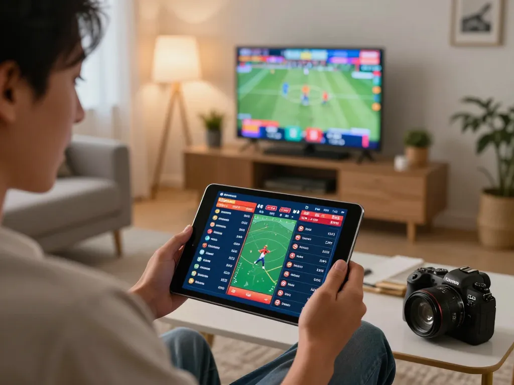 Betting on sports with 78winbiz app on tablet, excitement evident in modern living room.