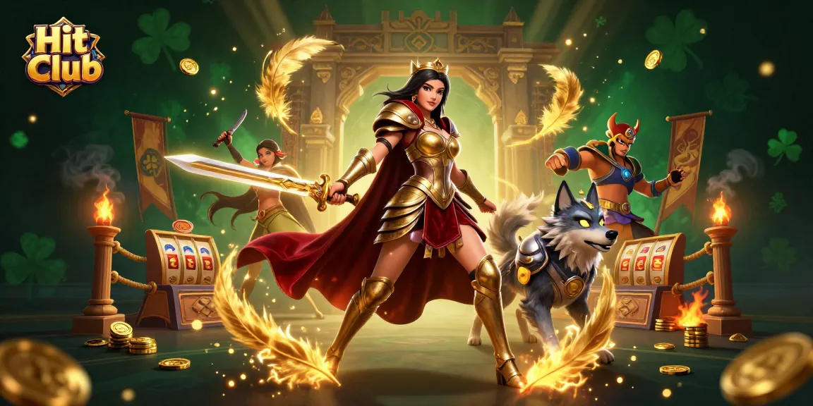 Win big with Hit Club in this vibrant 3D illustration showcasing a warrior queen and her wolf in a casino setting.