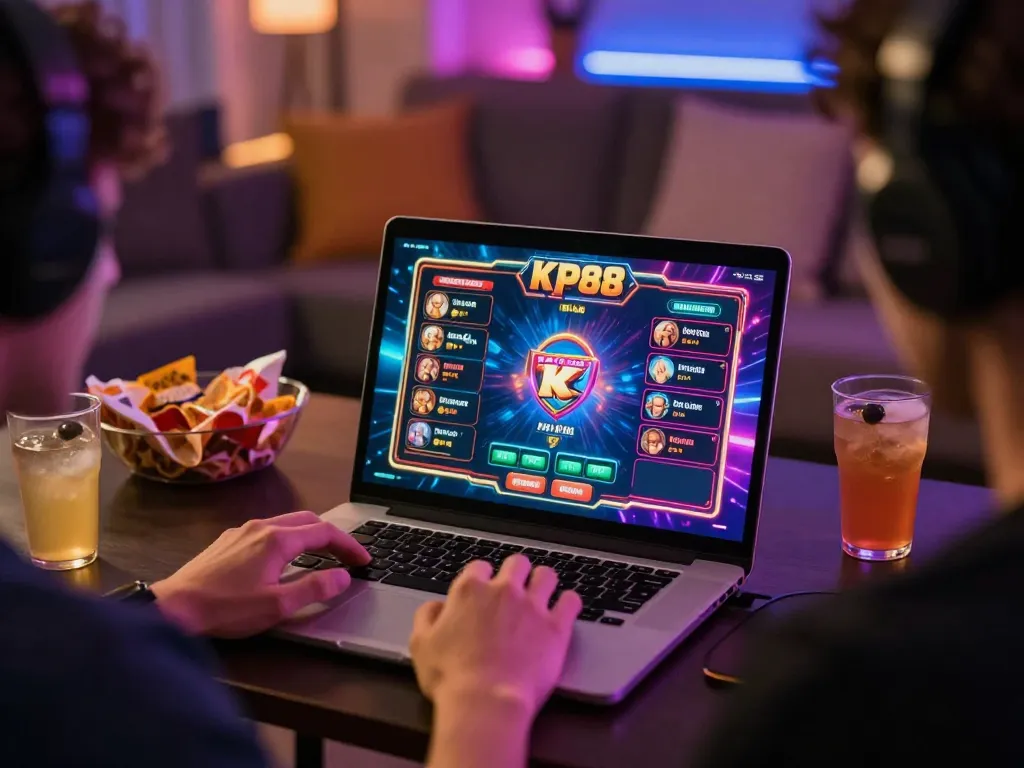 Player enjoying an engaging kp88 online gaming session on laptop with colorful interface