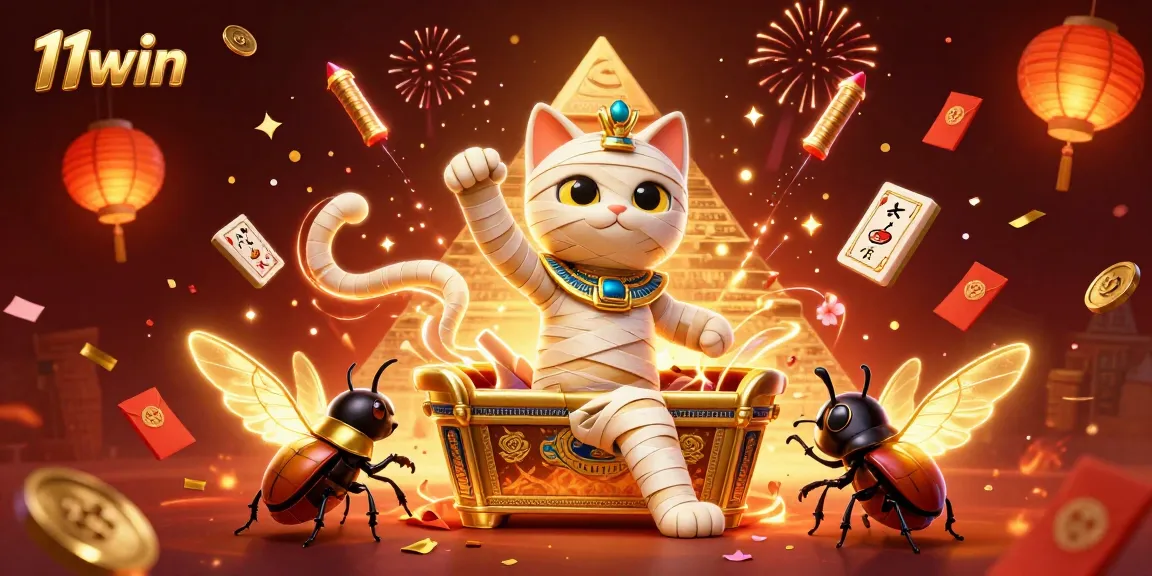 Engage in thrilling games with 11win featuring a festive casino scene with Egyptian themes and vibrant colors.
