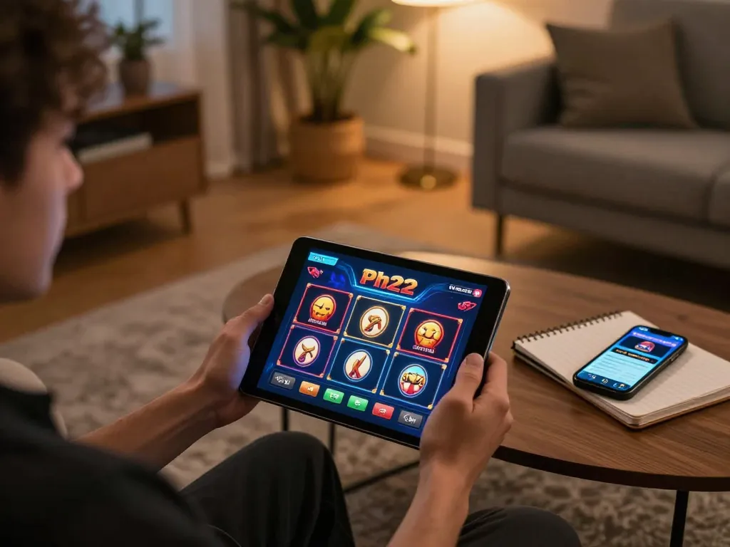Person exploring ph22 gaming platform on a tablet in a cozy home setting, focused on online gambling.