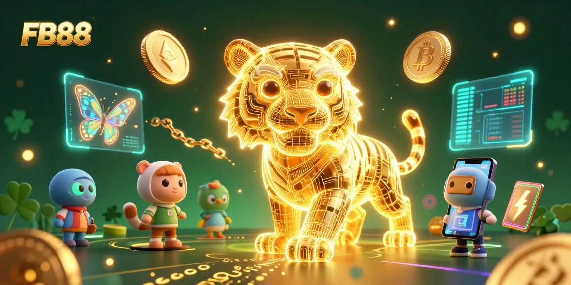 Engage with FB88's vibrant casino atmosphere featuring a neon tiger amidst cryptocurrency symbols.
