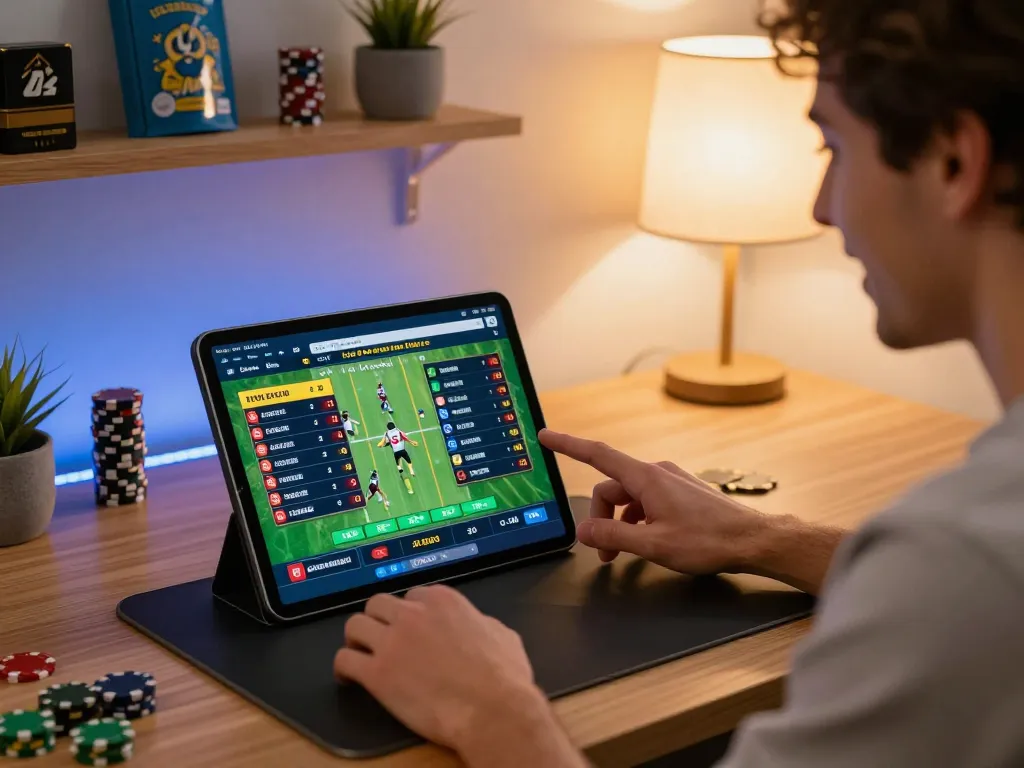 Player engaging in online betting on FC88 platform, surrounded by a stylish gaming setup