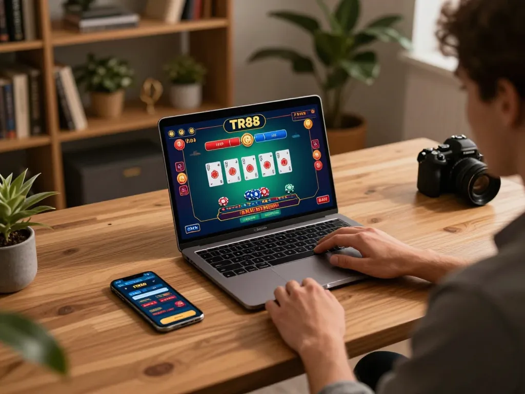 Engaging in a TR88 live dealer game on a laptop, showcasing strategic online gambling.
