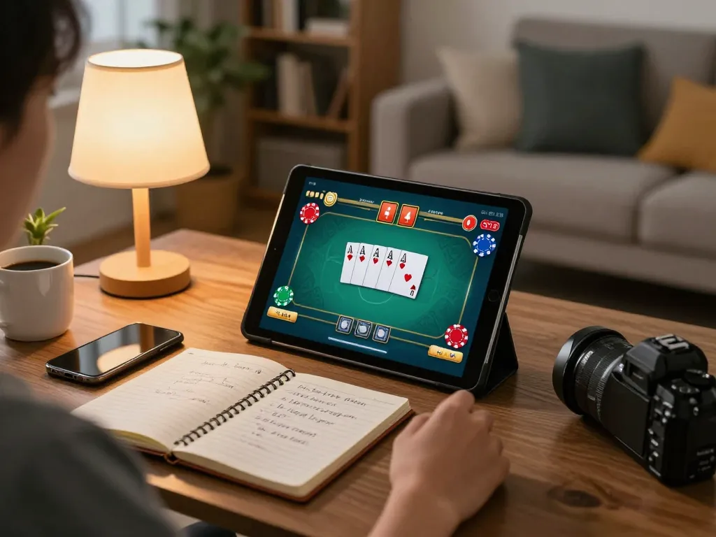 Player strategizing on vipwin777 poker game at home with comfy setup.