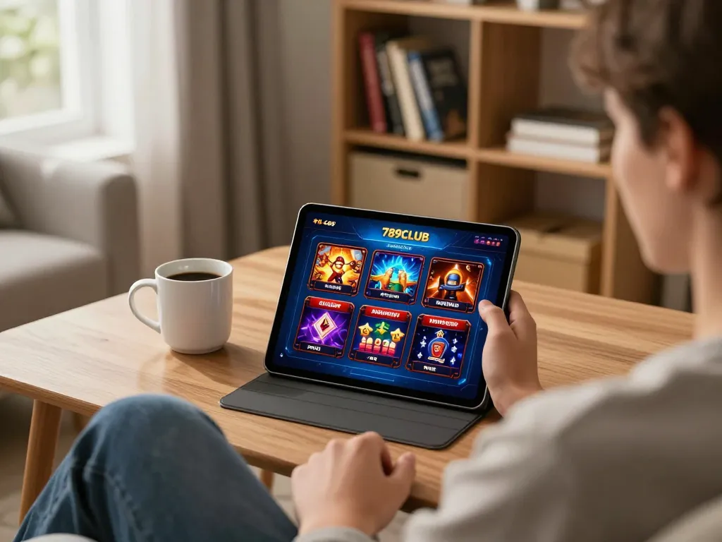 Player immersed in the 789CLUB casino app on a tablet, showcasing an engaging online gaming experience.