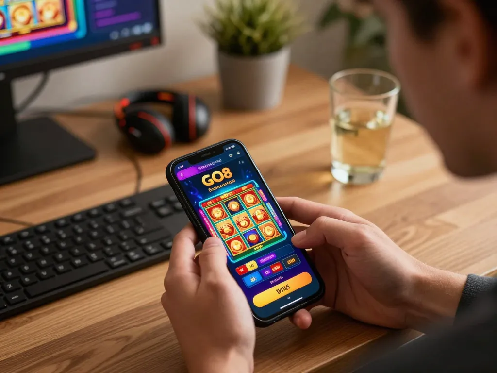 Players enjoying the GO8 casino app on their smartphones in a cozy gaming setup while strategizing.