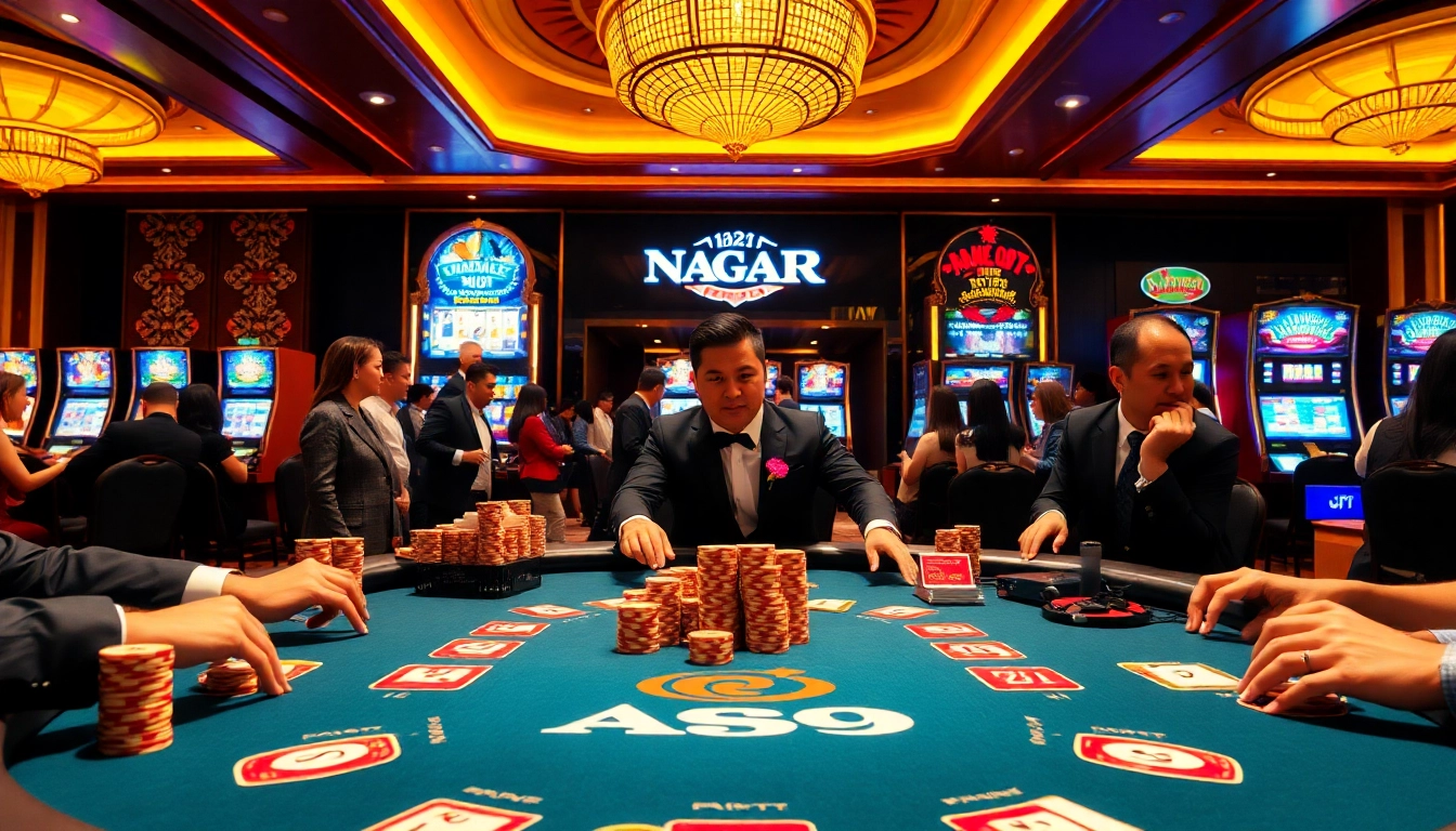 Naga99 players strategizing their moves at an exciting poker table in a vibrant casino.