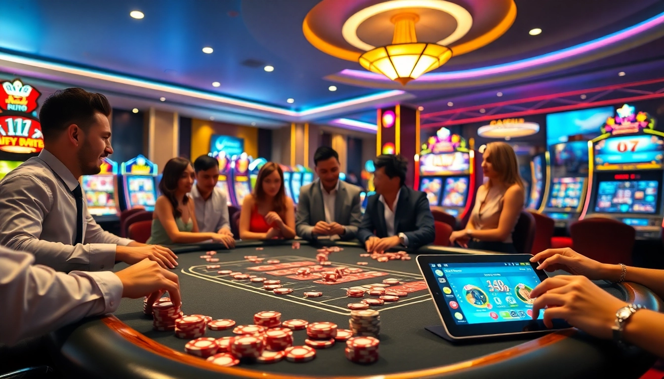 Exciting casino scene with vibrant gaming tables showcasing Xin88's thrilling gambling experience.
