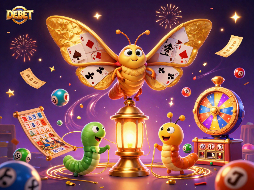 DEBET showcases a vibrant atmosphere of gaming with an energetic visual of lottery and casino elements.