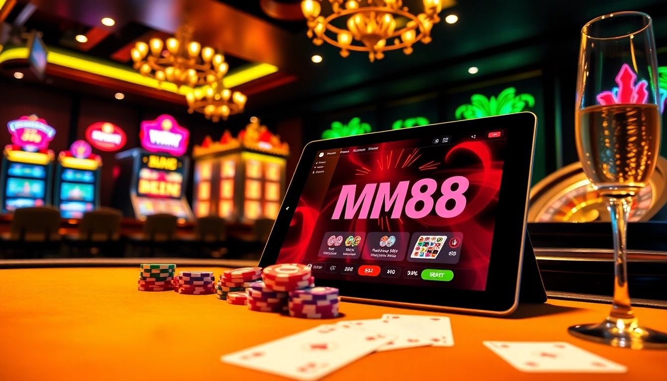 Players enjoying high-stakes gambling at MM88 with a luxurious casino ambiance and engaging games.