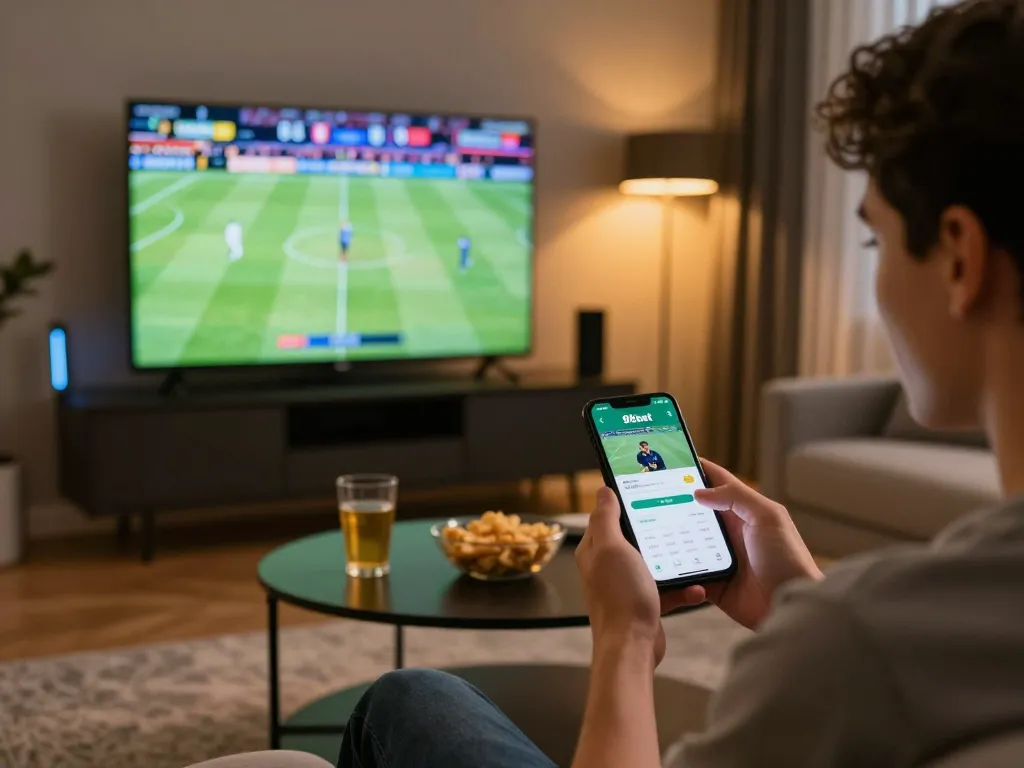 Excited sports bettor using the 8kbet app while watching a live game in a cozy home setting.