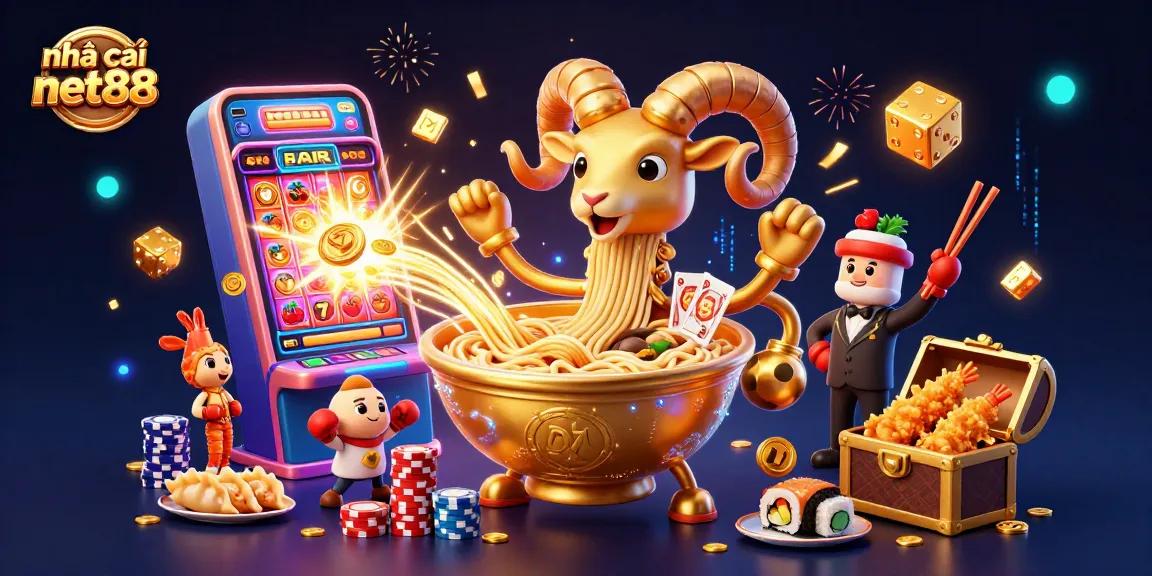 Engage with nhà cái net88 in a vibrant 3D casino scene featuring a golden ramen bowl and dynamic game elements.
