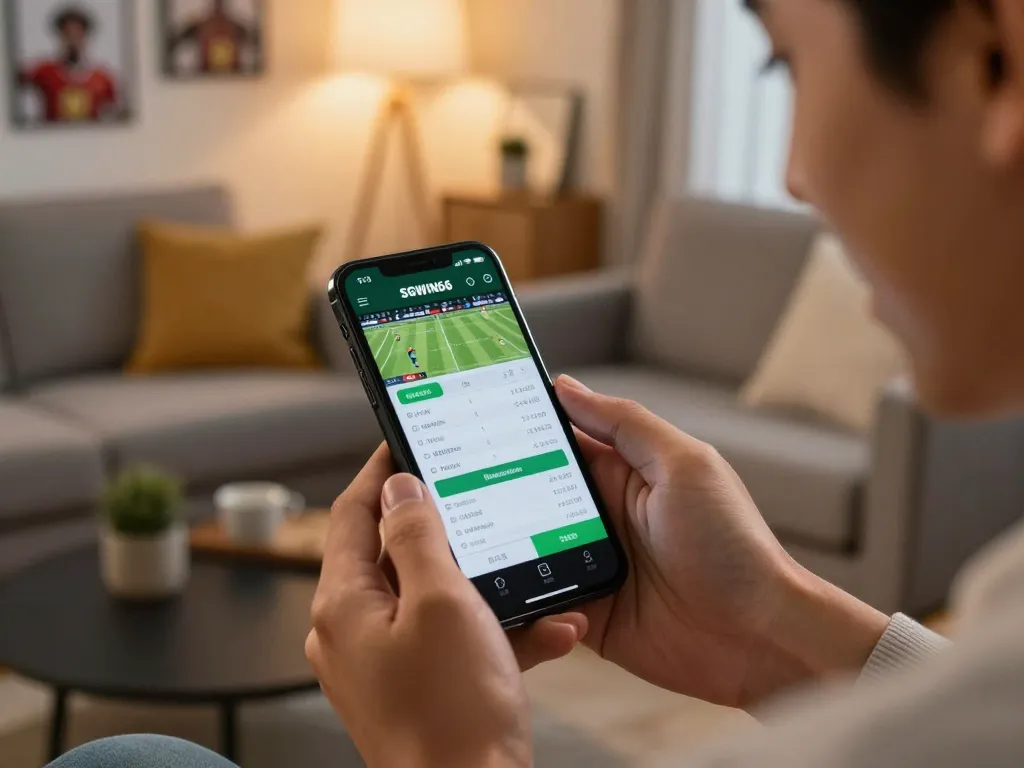 Engaged user placing a bet on SGWIN66 mobile app in a cozy living room setting