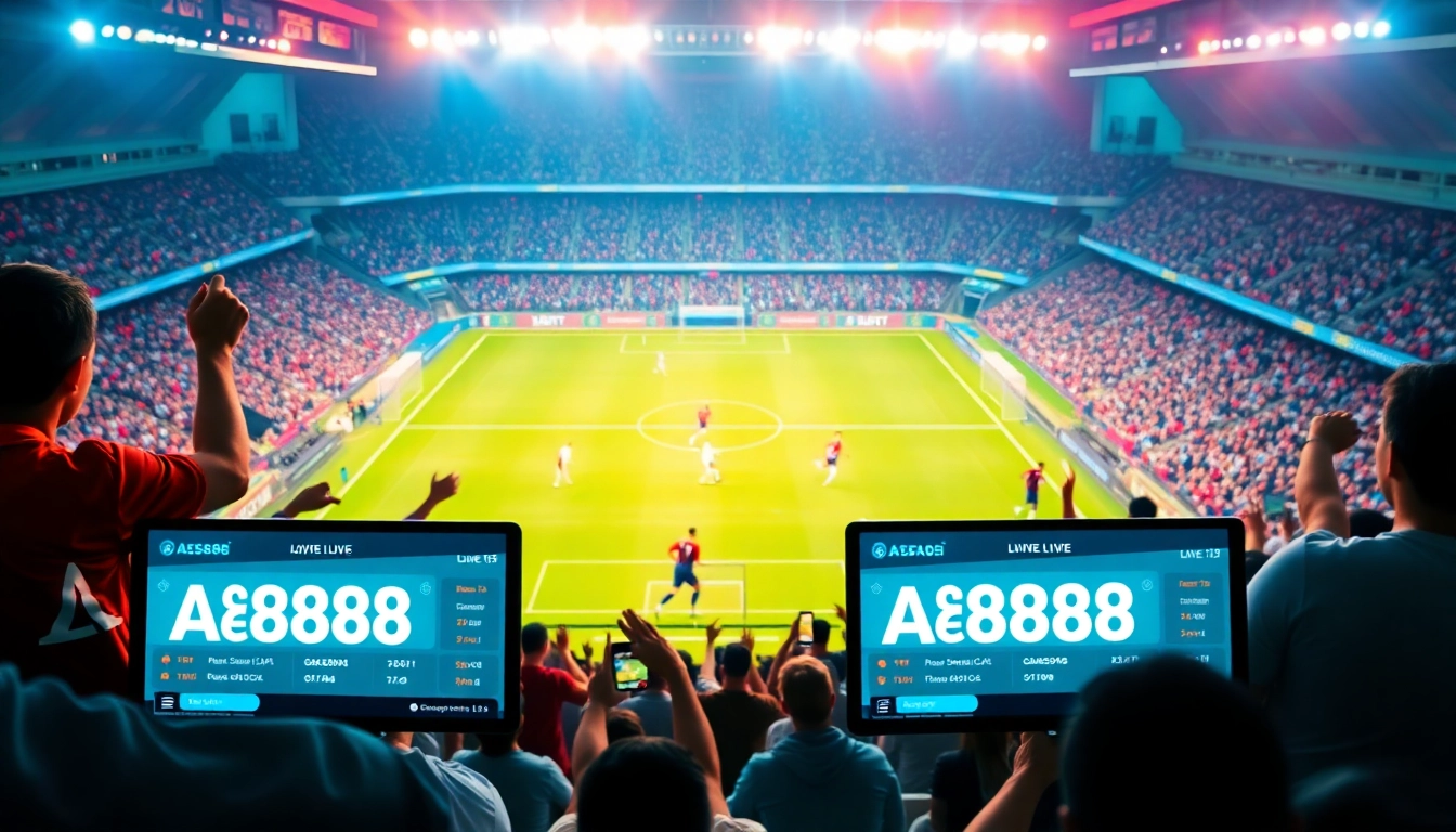 AE888 Football live streaming with enthusiastic fans and betting options displayed.