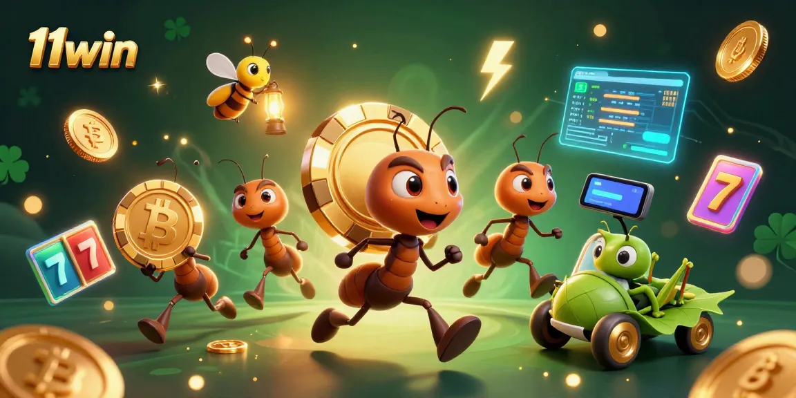 Engage in thrilling adventures with 11win as cartoon ants carry a giant poker chip amidst vibrant casino elements.