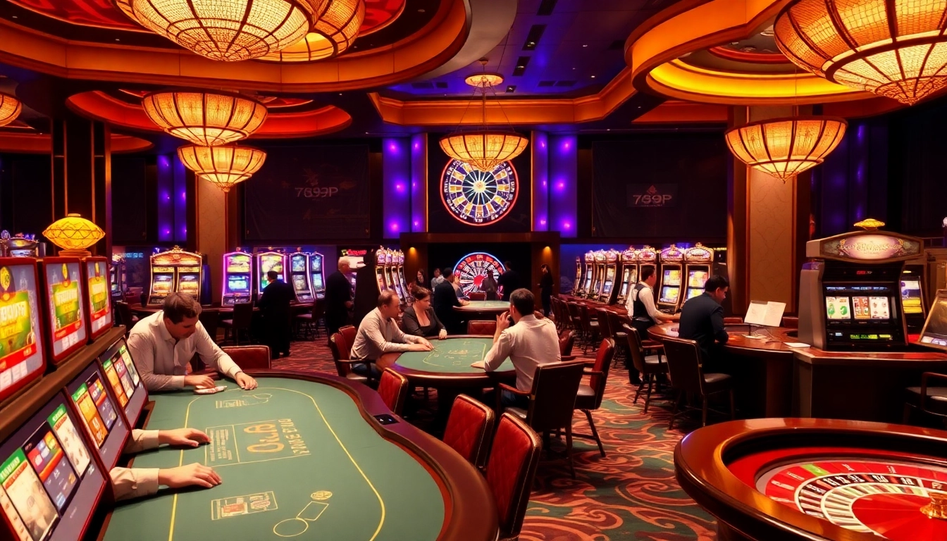 Experience the thrill of gambling at 789P casino with players enjoying poker and colorful slot machines.