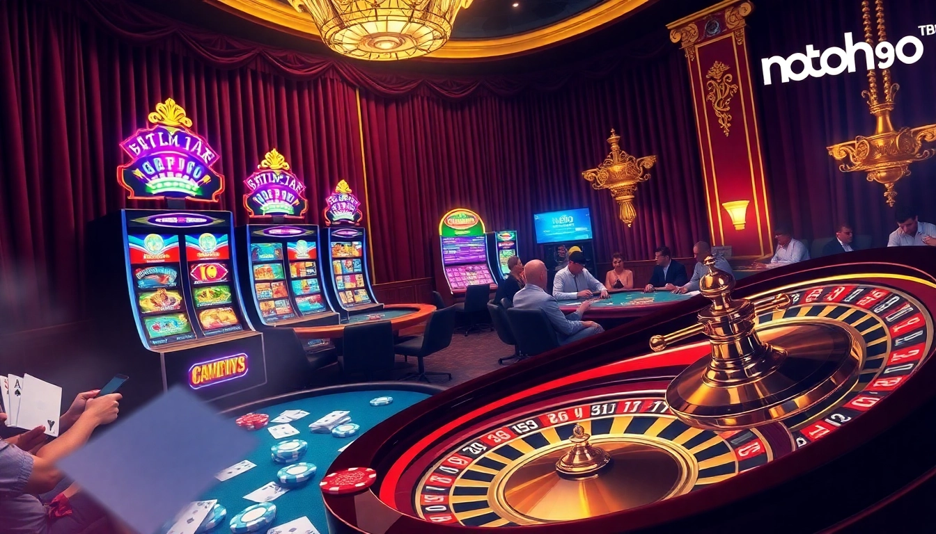 Nohu90 gambling scene with vibrant slot machines, poker tables, and roulette wheels showcasing luxury and excitement.