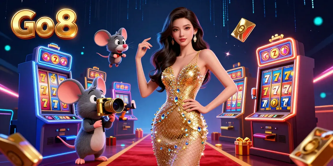 Engage with new games at Go 8, featuring a dynamic casino scene with slot machines and vibrant characters.