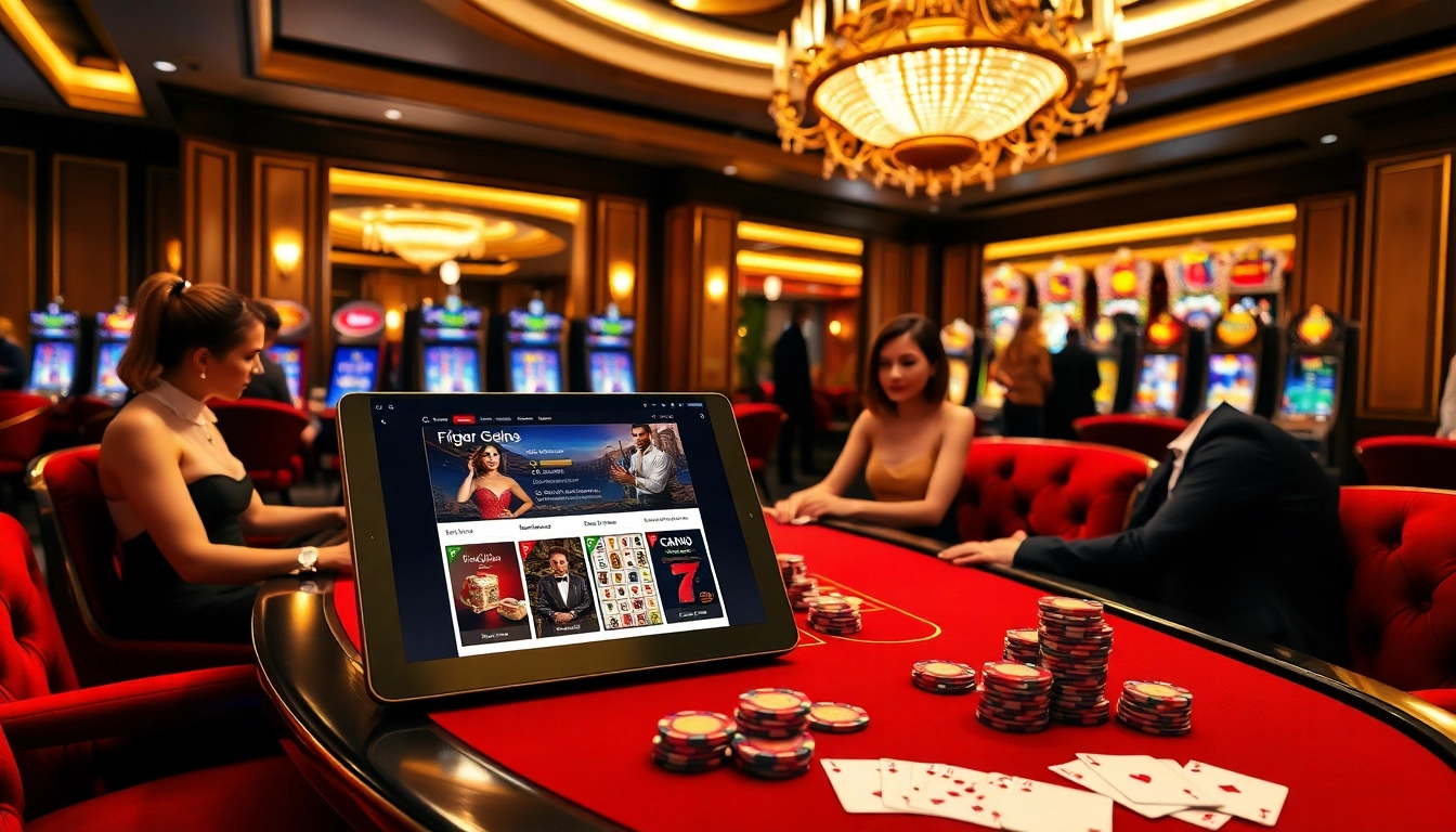 Engaged players enjoying rr88 trang chính online gaming with poker chips and roulette wheel in a luxurious casino setting.