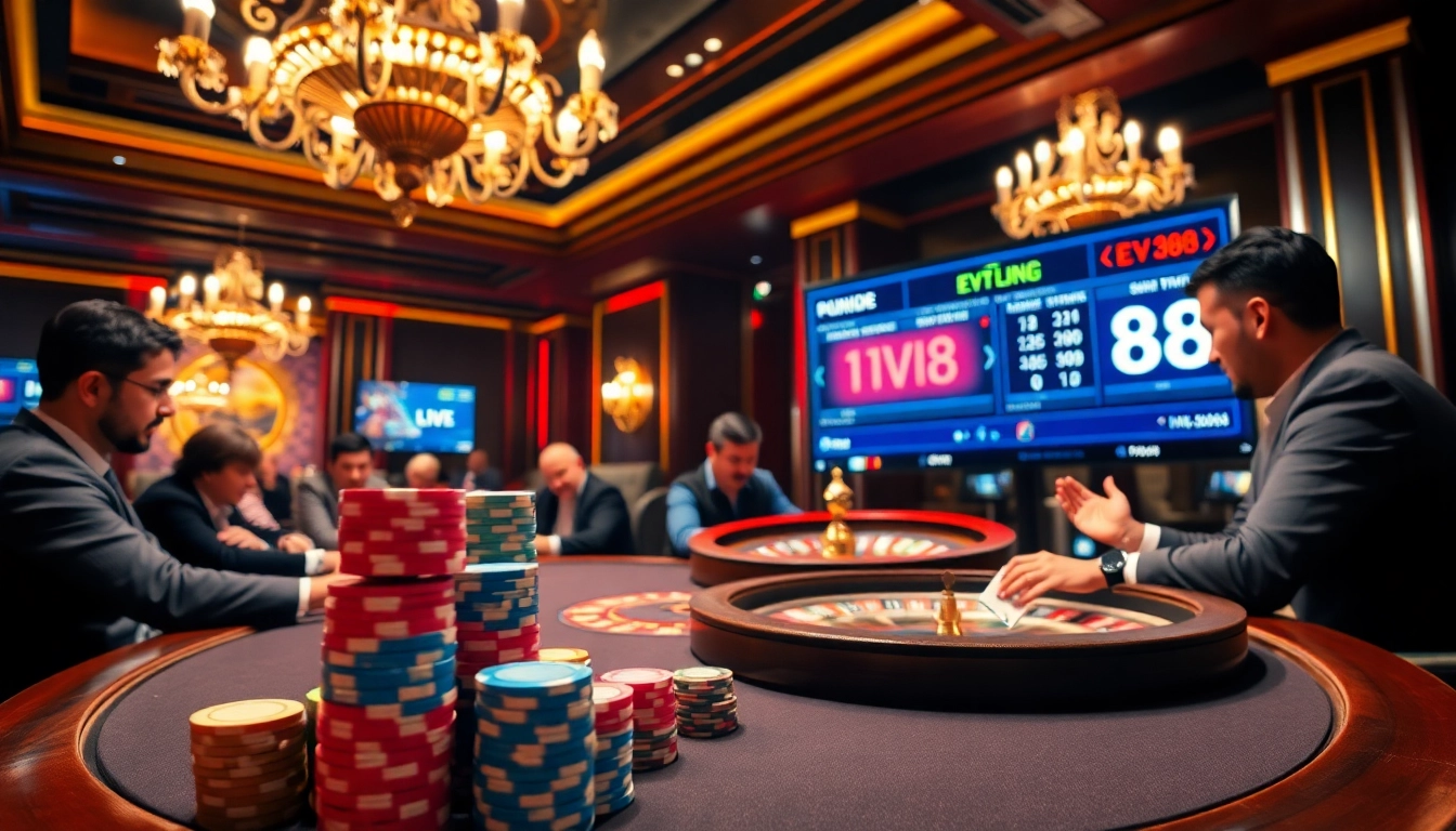 EV88 players engaging in a thrilling poker game at a luxurious casino table.