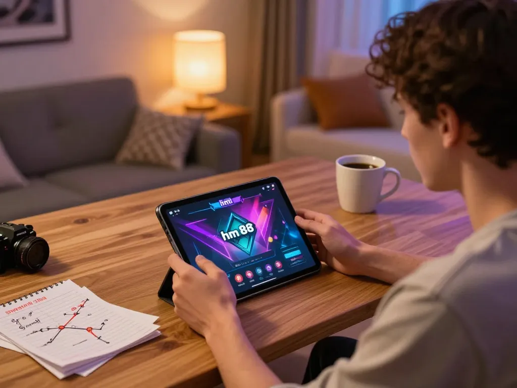 Engaging user playing on the hm 88 app in a cozy home setting.