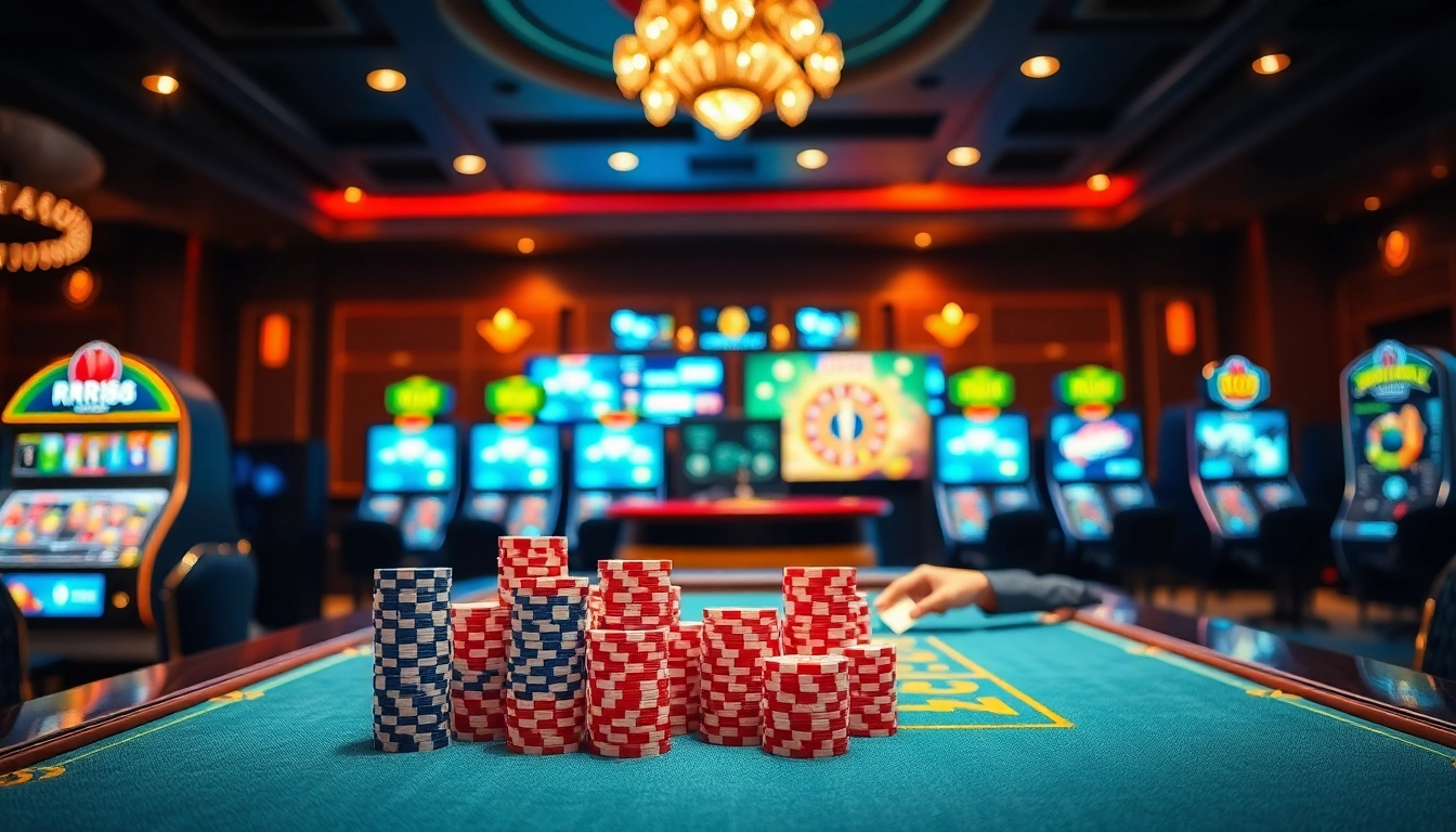 Engage with the thrilling gambling atmosphere at rr88 with vibrant casino games featuring poker chips and roulette.