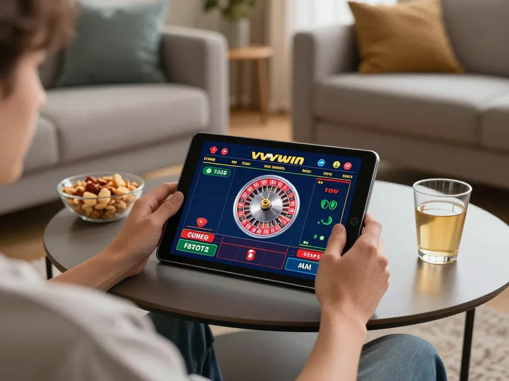 Engaging player enjoying the vvvwin casino app on a tablet during a cozy gaming session at home.