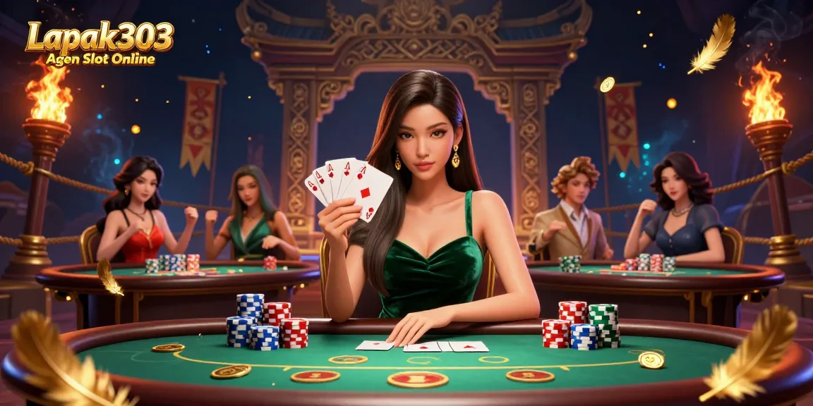 Engage with Lapak303 Agen Slot Online as a beautiful Asian dealer holds cards at a luxury poker table surrounded by casino elements.