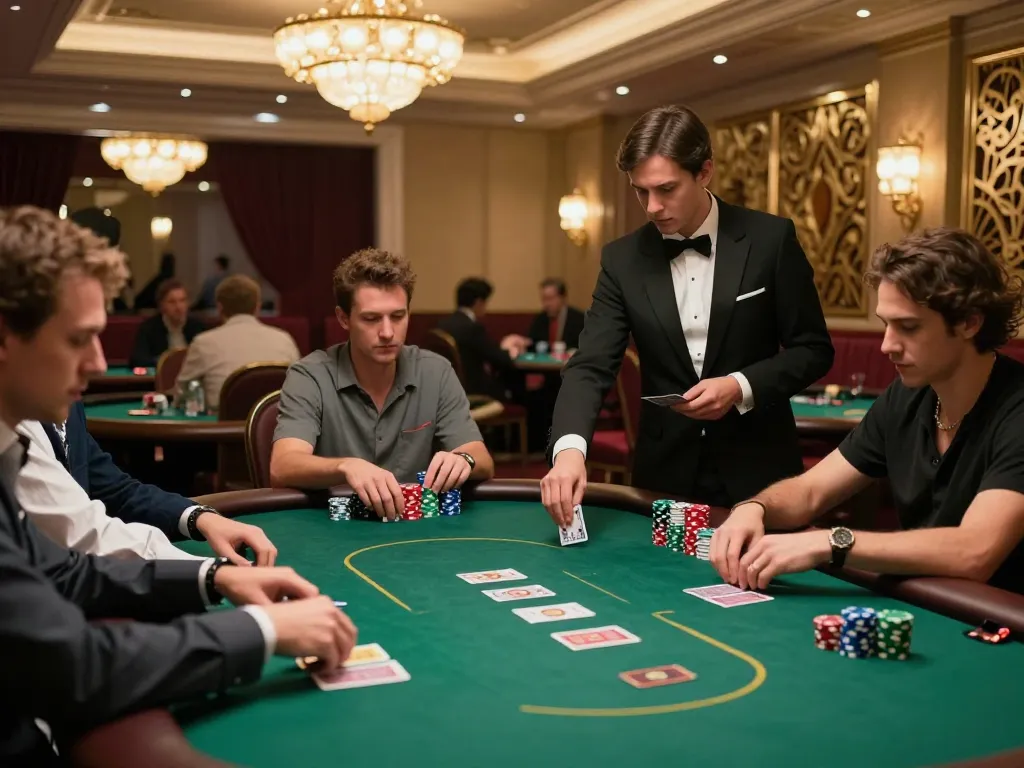 Engaged players strategizing at an MM88 high-stakes poker table in an upscale casino, showcasing intense gameplay.