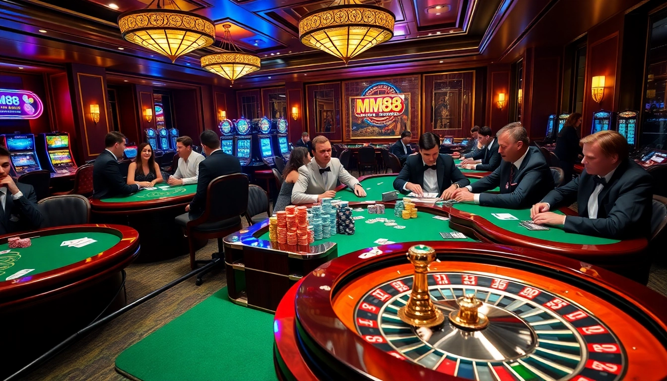 Exciting gambling scene at MM88 with poker tables, roulette wheels, and vibrant casino lights.
