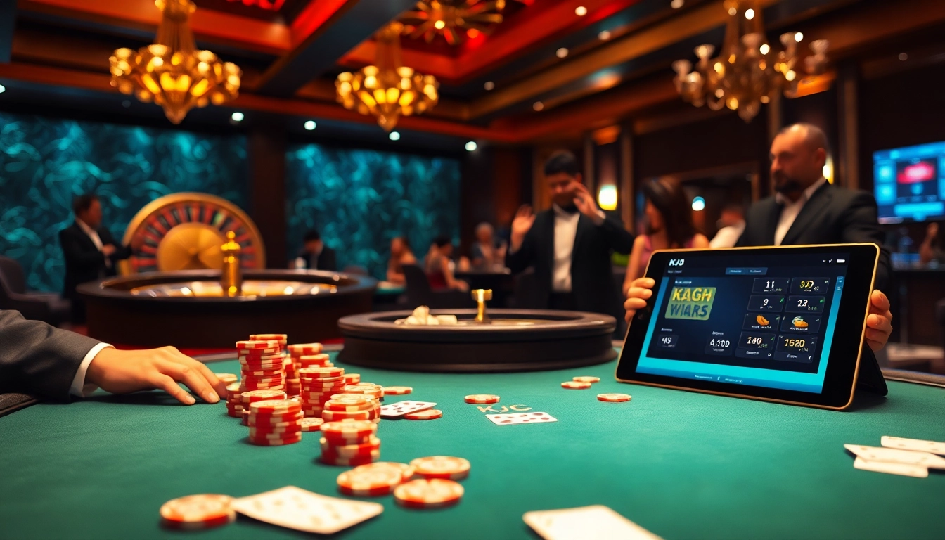KJC high-stakes poker table featuring vibrant colors, luxurious decor, and dynamic gambling ambiance.