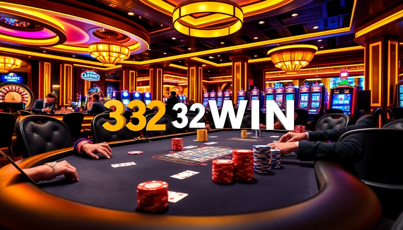 Players enjoying intense poker action at a luxurious 32 WIN casino table.