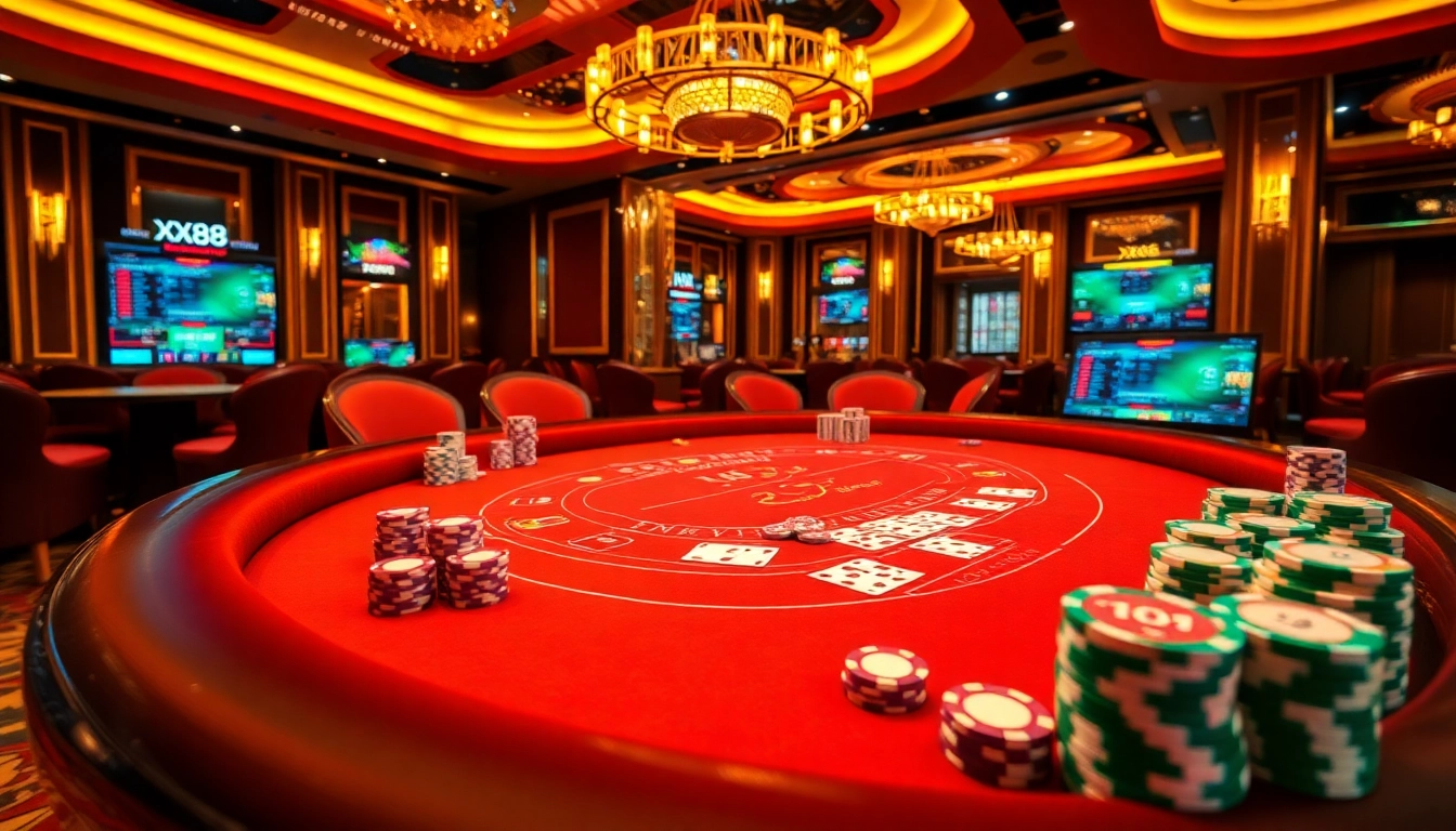Baccarat table action at XX88 with players, colorful chips, and immersive online gambling atmosphere.