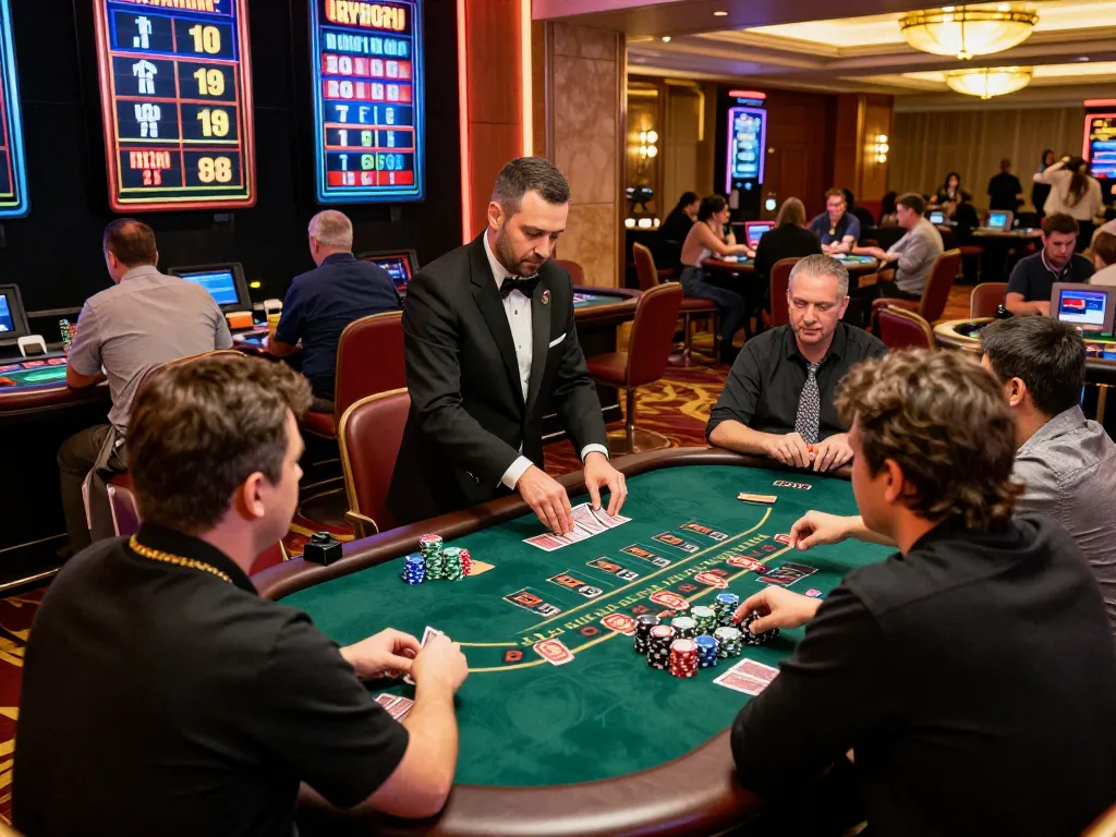 Players engaging in intense blackjack gameplay at a luxury casino with FC88-themed tables and vibrant atmosphere.