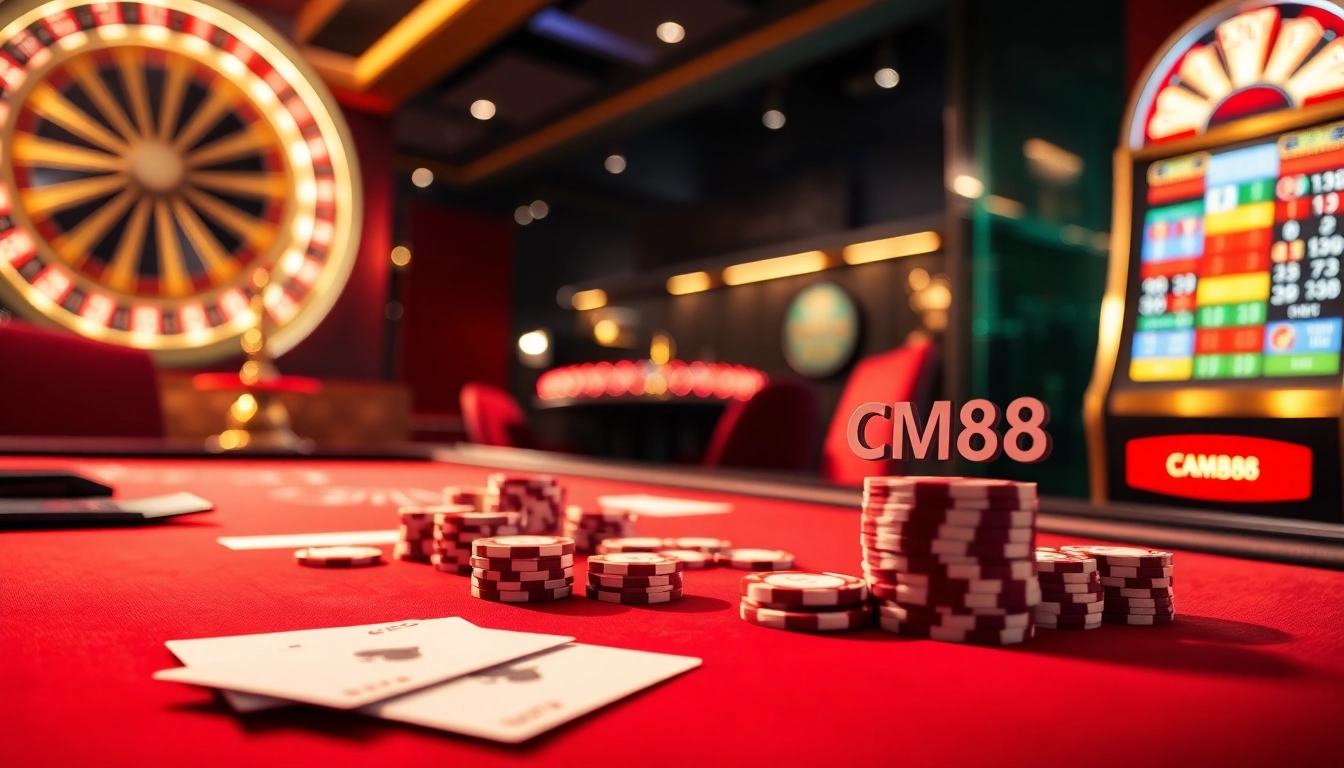 Experience thrilling gambling action at CM88 with a luxurious poker setup and vibrant slot machines.
