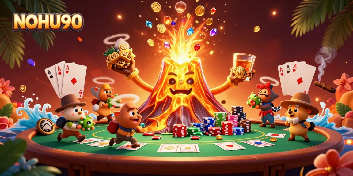 Experience the excitement of NOHU90 with a dynamic scene of treasure-hunting adventures amid a golden volcano erupting coins.