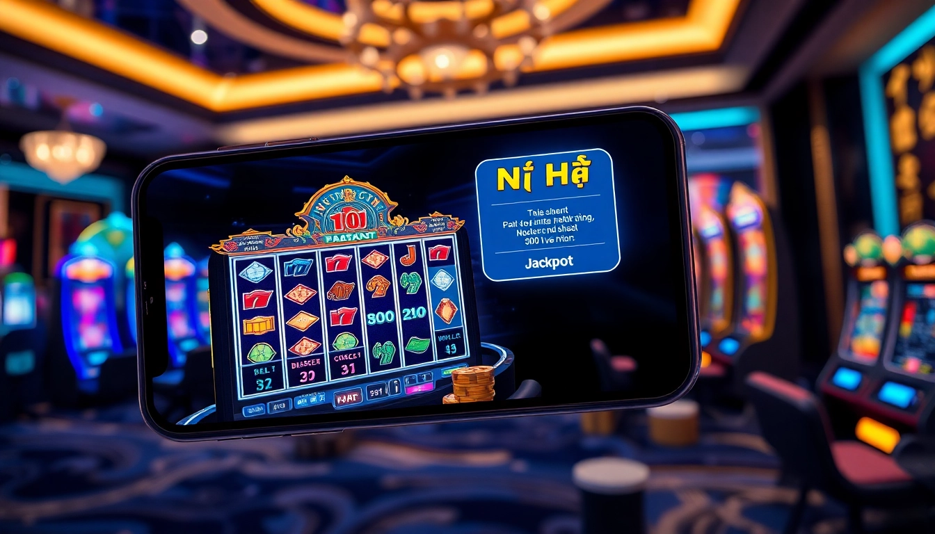 Nổ Hũ gaming experience on a smartphone with vibrant slot machines and jackpot notifications in a stylish setting.