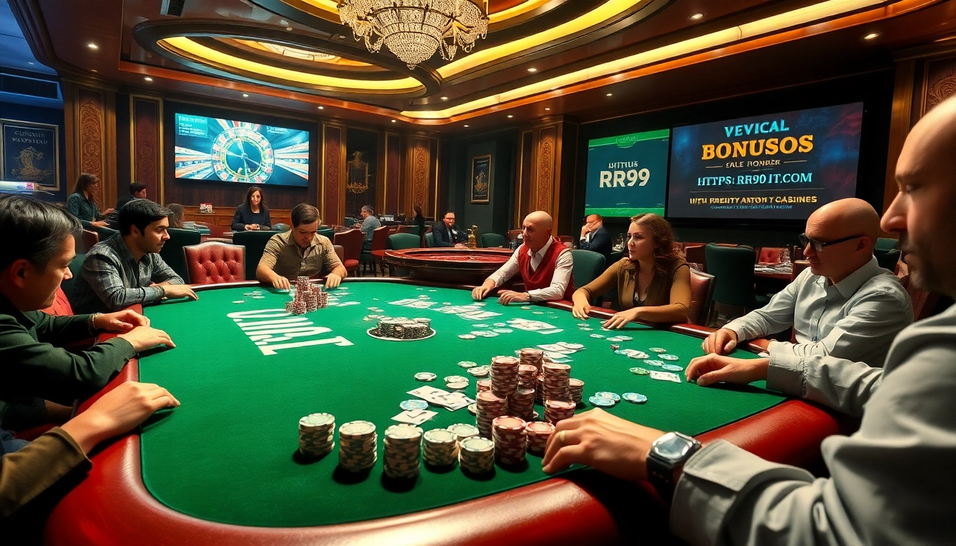 Players engaging in thrilling poker action at https://rr99.it.com/, surrounded by colorful chips and cards.