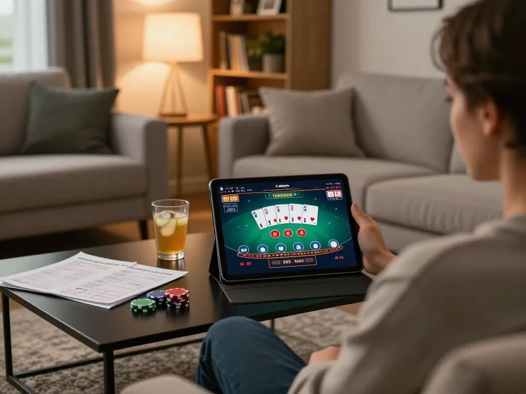 Engaging online gaming experience as a player uses https://f168biz.com/ on tablet in cozy living room.
